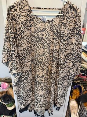 Serra Black and Beige Printed Tassel Kimono Cover-Up